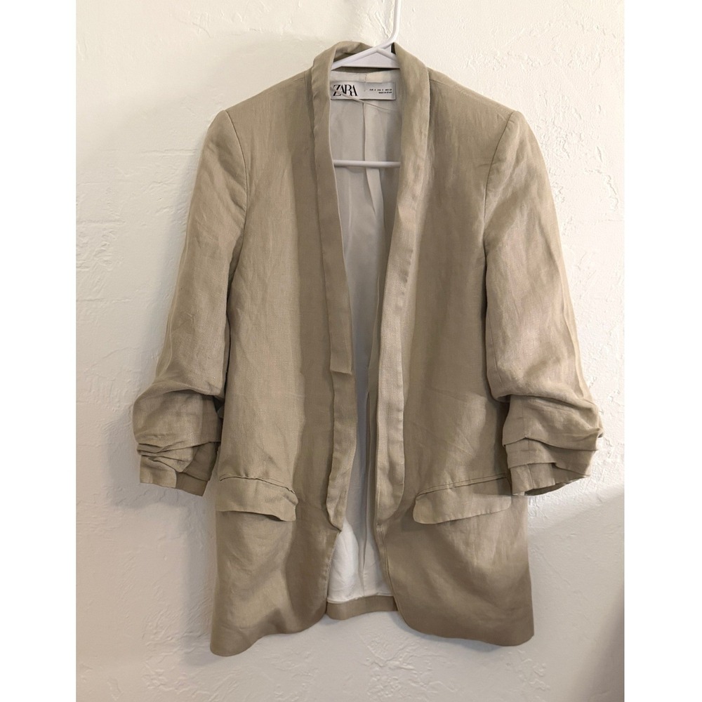 Zara Linen Blazer S Beige Ruched Sleeve Open Front Long Small
